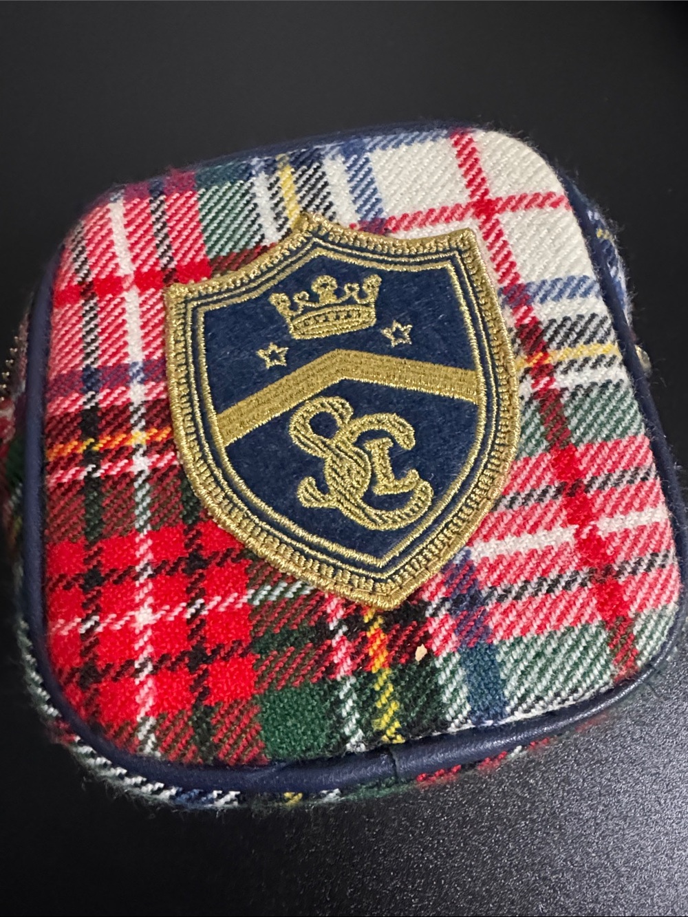Stoney Clover Lane Red Green Blue Plaid Mini Pouch with Gold Crest